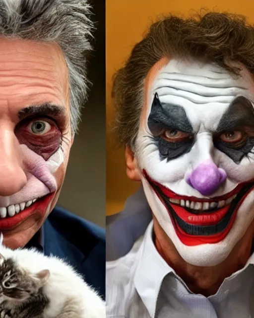 Image similar to Mauricio Macri in Elaborate Joker Makeup and prosthetics designed by Rick Baker, Hyperreal, Head Shots Photographed in the Style of Annie Leibovitz, Studio Lighting, Mauricio Macri with an angry cat in his hand