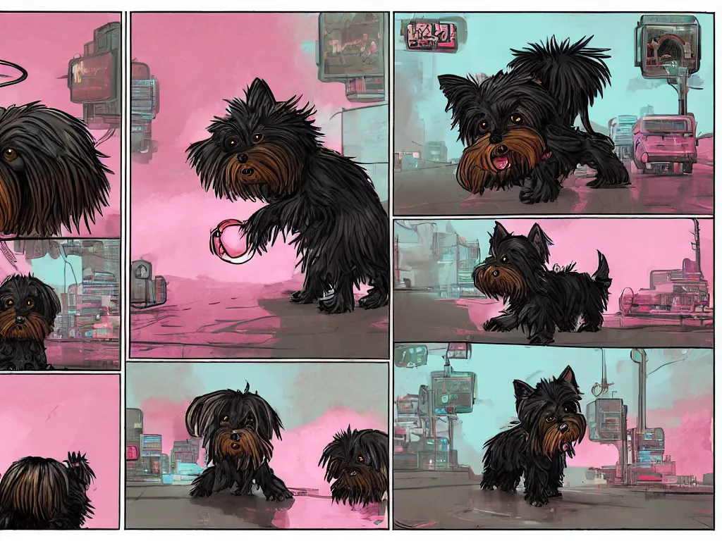 Image similar to a 4 panel comic strip of a lonely black and caramel Yorkshire Terrier, fighting with a pink rubber monkey in a cyberpunk, post apocalyptic Tokyo, D&D, fantasy, highly detailed, digital painting, artstation, concept art, smooth, sharp focus, illustration, art by Bill Sienkiewicz