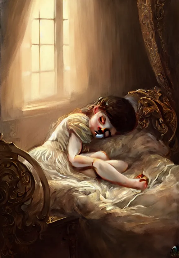 Image similar to innocent child sleeping in a moody beautiful victorian bedroom, fantasy magic, dark light night, intricate, elegant, sharp focus, illustration, highly detailed, digital painting, concept art, matte, art by wlop and artgerm and greg rutkowski and alphonse mucha, masterpiece