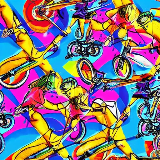 Image similar to hoffman bicycle trip, blotter art, in the style of lisa frank