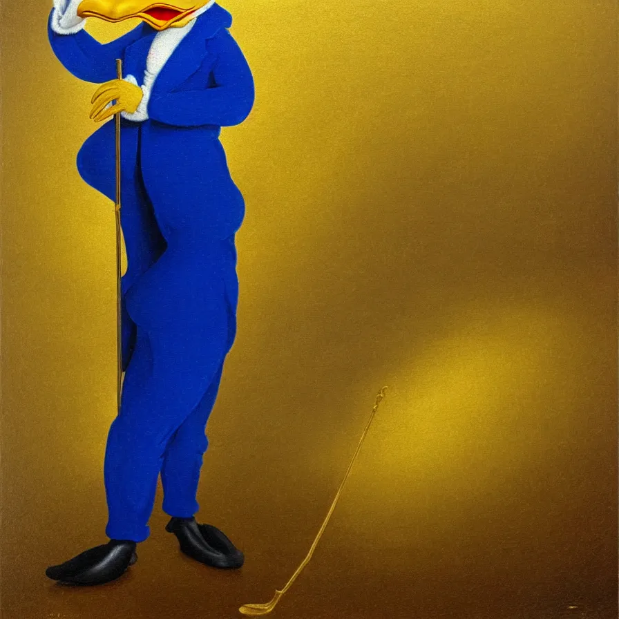 Image similar to Scrooge McDuck from the Duck Tales in blue costume standing on a mountain of golden gold and holding a cane, view from below, full body portrait including head, oil painting, highly detailed