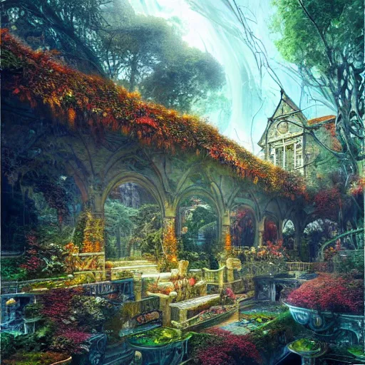 Image similar to garden lightning autumn rich ornate cryengine render fantasy cinematic by m. c. escher, john berkey, artgerm, stephen gammell, justin gerard, james jean, james christensen, moebius