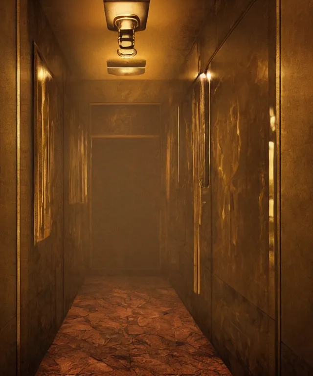 Image similar to horrifying full color photorealistic image a 1 9 2 5 hotel elevator lobby, with a screaming bellhop embedded in the wall, dark, atmospheric, brooding, smooth, finely detailed, cinematic, epic, in the style of lee gibbons