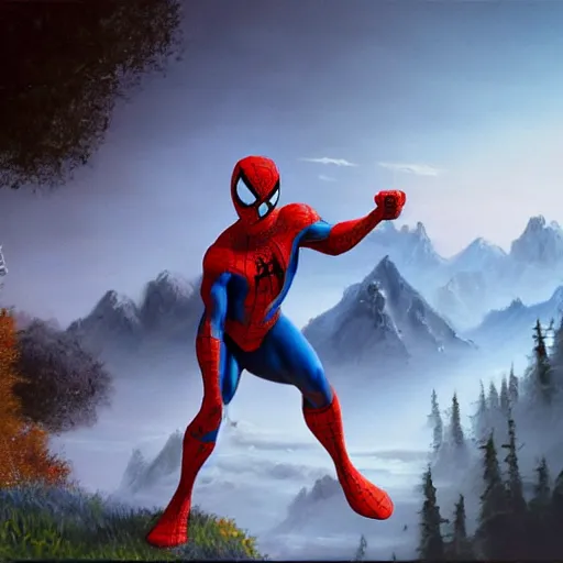 Image similar to a closeup photorealistic photograph of bob ross working on a canvas painting of spiderman. film still. brightly lit scene. mountains and trees. this 4 k hd image is trending on artstation, featured on behance, well - rendered, extra crisp, features intricate detail, epic composition and the style of unreal engine.