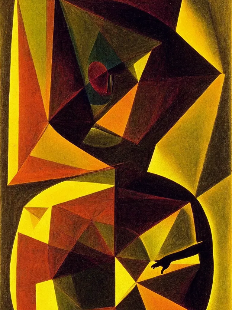 Image similar to hyperrealistic still life portrait of a mind recursively contemplating itself on lsd, sacred geometry tunnels, looking through a prism, by caravaggio and willem de kooning, surrealism, vivid colors, serene, golden ratio, rule of thirds, negative space, minimalist composition