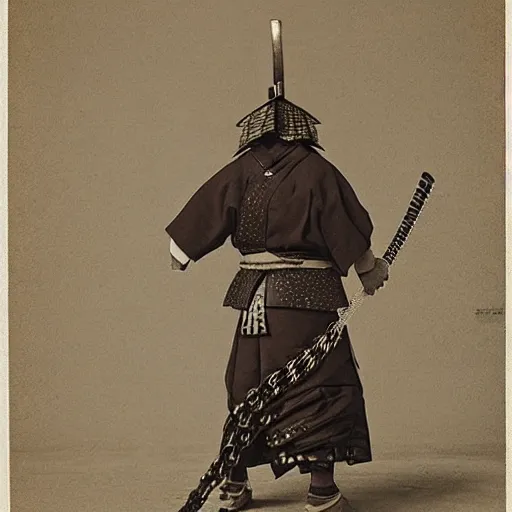 Prompt: A FULL BODY PORTRAIT FROM BEHIND OF A SAMURAI WITH A KATANA AND A CHAIN