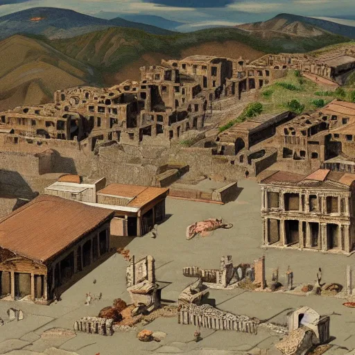 Prompt: the deserted roman settlements of pompeii before the eruption of mount vesuvius in the style of martinus rørbye, 8 k, hyperdetailed, artstation