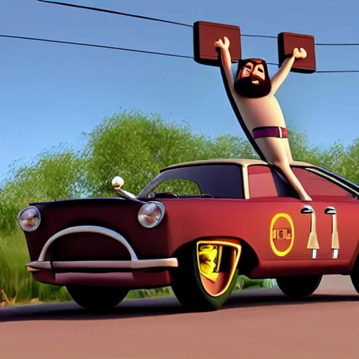 Image similar to car jesus christ on the cross crucifixion as a car, as a car from the movie pixar's cars 2,