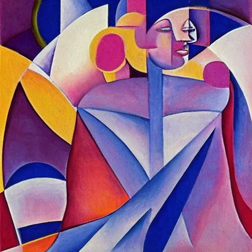 Image similar to woman in glorious robes rose up vast as the skies, old as the mountains and formless as starlight to shelter the precious memories, matter, messages, abstract art in the style of cubism and georgia o keefe