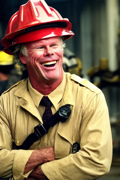 Image similar to kevin tighe wearing a fireman helmet, in a fire laughing