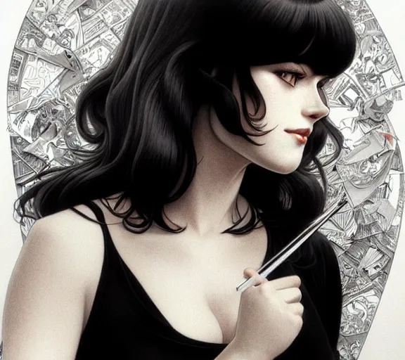 Image similar to ' pulp fiction ', beautiful shadowing, 3 d shadowing, reflective surfaces, illustrated completely, 8 k beautifully detailed pencil illustration, extremely hyper - detailed pencil illustration, intricate, epic composition, masterpiece, bold complimentary colors. stunning masterfully illustrated by artgerm, range murata, alphonse mucha.