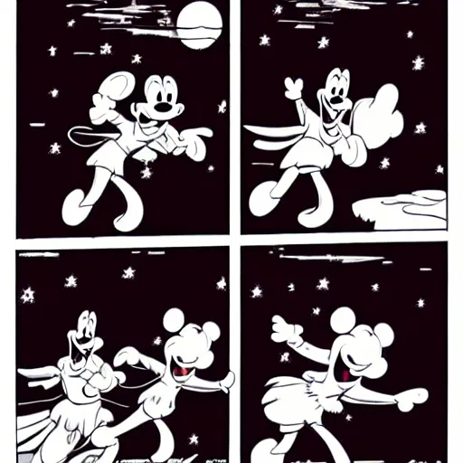 Prompt: Robin Williams and Lady Do dancing in the moonlight Mickey mouse comic style black and white -n 4