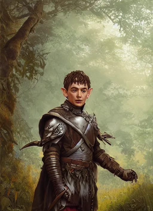 Image similar to a portrait painting of a grim fighter male hobbit wearing leather armor on a beautiful lush forest meadow, morning, art by Tristan Eaton, Stanley Artgerm, Tom Bagshaw, Greg Rutkowski, Carne Griffiths