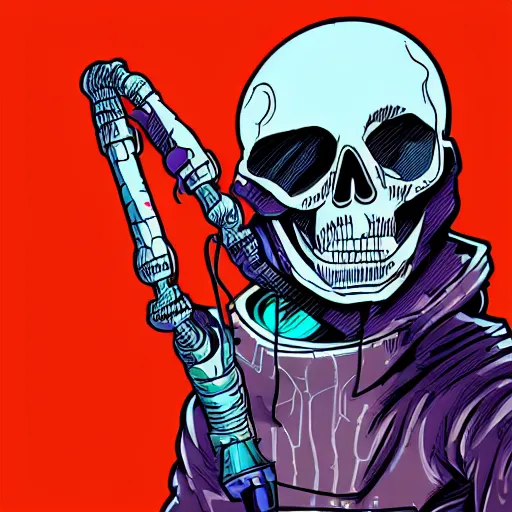 Image similar to cyberpunk skeleton maintenance worker fixing a modem, sharp lines, digital, artstation, colored in