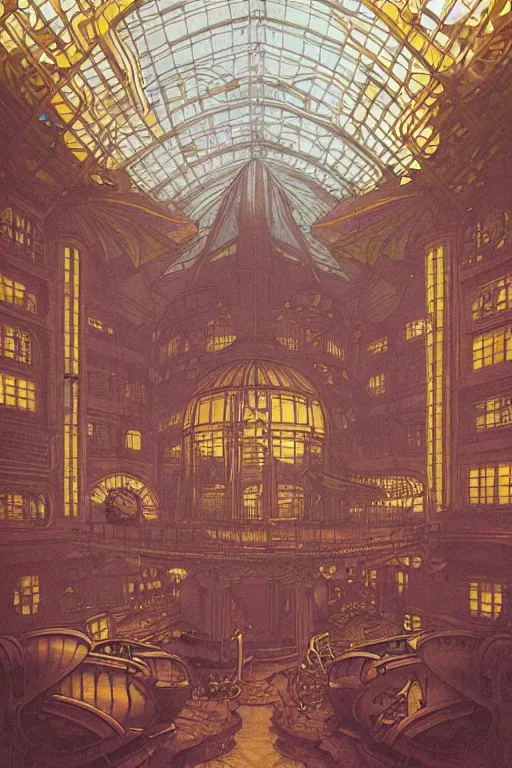 Prompt: interior of steampunk crystal palace, art nouveau, epic composition, soft lighting, ultra - wide view, by hiroshi yoshida, moebius