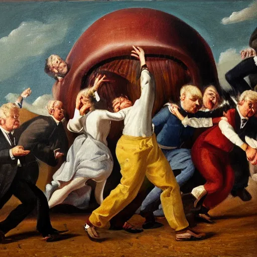 Image similar to A group of politicians run away terrified as a giant shoe is about to crush them, oil on canvas, detailed, High quality