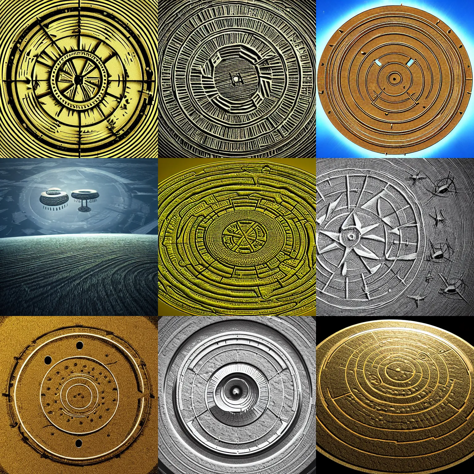 Prompt: a detailed crop circle with ufos, complex, atmospheric details, ultra realistic, photographic, photorealistic,