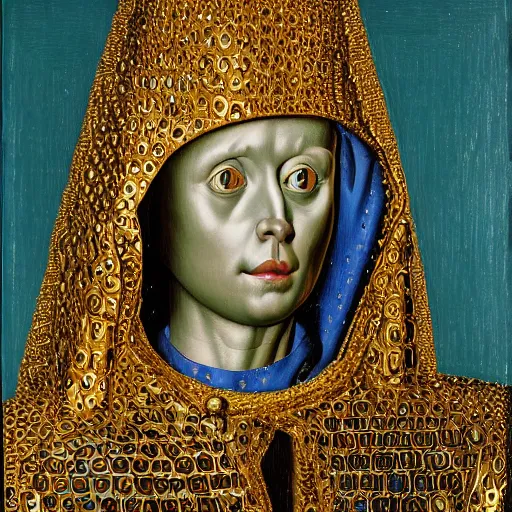 Image similar to a portrait of a shiny metallic renaissance robot, in the style of Jan van Eyck,
