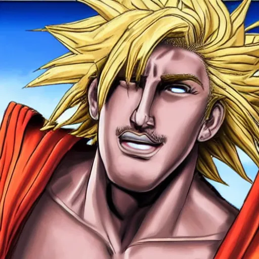 Prompt: photorealistic depiction of alexander the great, with blonde goku hair, style is realistic, colorful, real life