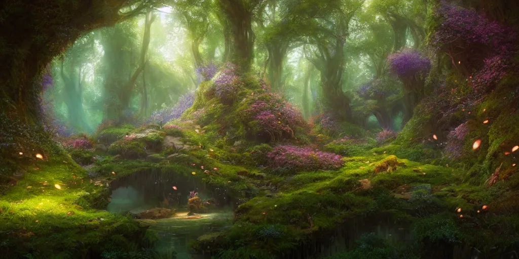 Prompt: a beautiful hyper realistic detailled matte painting of a serene magical forest in faeries land in a dark underground cave, moss and flowers, fireflies, art by Moebius and John Howe and Albert Bierstadt and Alena aenami, unreal engine, trending on artstation, barometric projection, rectilinear, f16