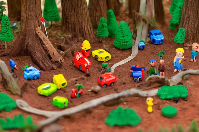 Image similar to fisher price redwood forest, california scene from tv show 5 5 mm 8 5 mm, toy photography, made out of plastic