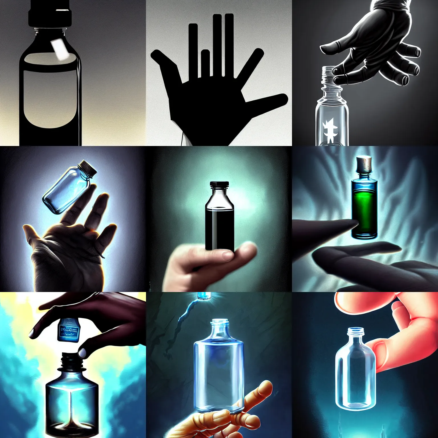 Prompt: detailed digital art of a normal hand holding a single tiny unlabeled clear medicine bottle half-full of a mysterious jet-black liquid; magic the gathering art by Volkan Baga, rk post, Lindsey Look, artstation