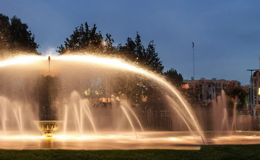 Image similar to a beautiful photo of a roundabout with a fountain shooting fire instead of water, sunset lighting, intricate detail, photorealistic