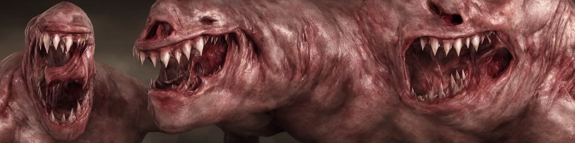 Image similar to A human with shark head made of muscles and flesh, very angry, teeth, ambient light, terror, glows, realistic, photo-realism, hyper realism, picture, detailed, 3D render, scary, distant shot, in the distance,