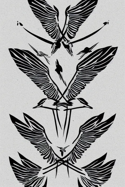 Image similar to a simple tattoo design of swallows flying into lines and basic shapes, black ink, abstract logo, line art