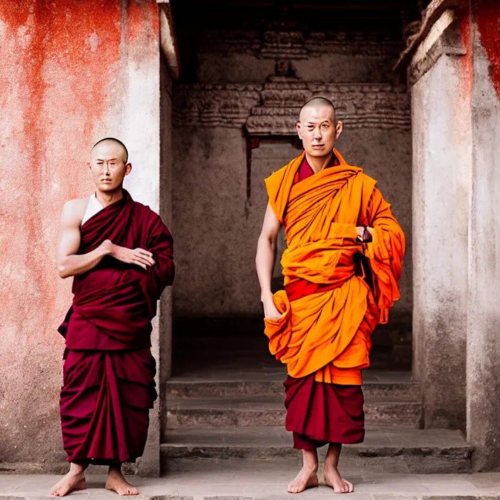 Prompt: fashion editorial buddhist monk in nepal temple, monastery, portrait, photography, very beautiful, highly detailed, intricate