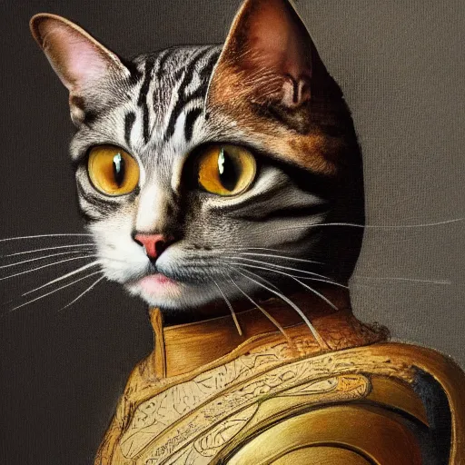 Prompt: renaissance portrait painting of a cat in a suit of armor, artstation, highly detailed