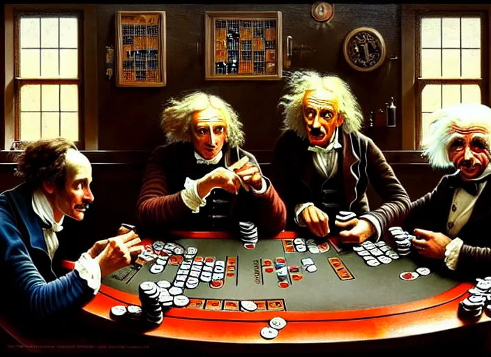 Prompt: isaac newton and stephen hawkins and albert einstein playing poker in an old west saloon, intricate, highly detailed, centered, digital painting, artstation, concept art, smooth, sharp focus, illustration, art by james gurney and norman rockwell and greg rutkowski