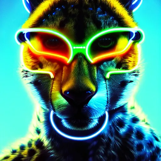 Image similar to a beautiful commission portrait of a male anthro cheetah wearing a neon jacket,futuristic,detailed face,mohawk,cyberpunk city,deviantart,artstation,art by greg rutkowski,ross tran,professional lighting,neon city,night,raytracing,highly realistic,4k,dramatic,hyperrealism