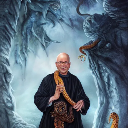 Image similar to a detailed fantasy character painting of Klaus Schwab holding a snake, dressed like Jesus Christ, black glowing eyes, by lauri blank, artgerm, evelyn de morgan, 8K, 50mm lens