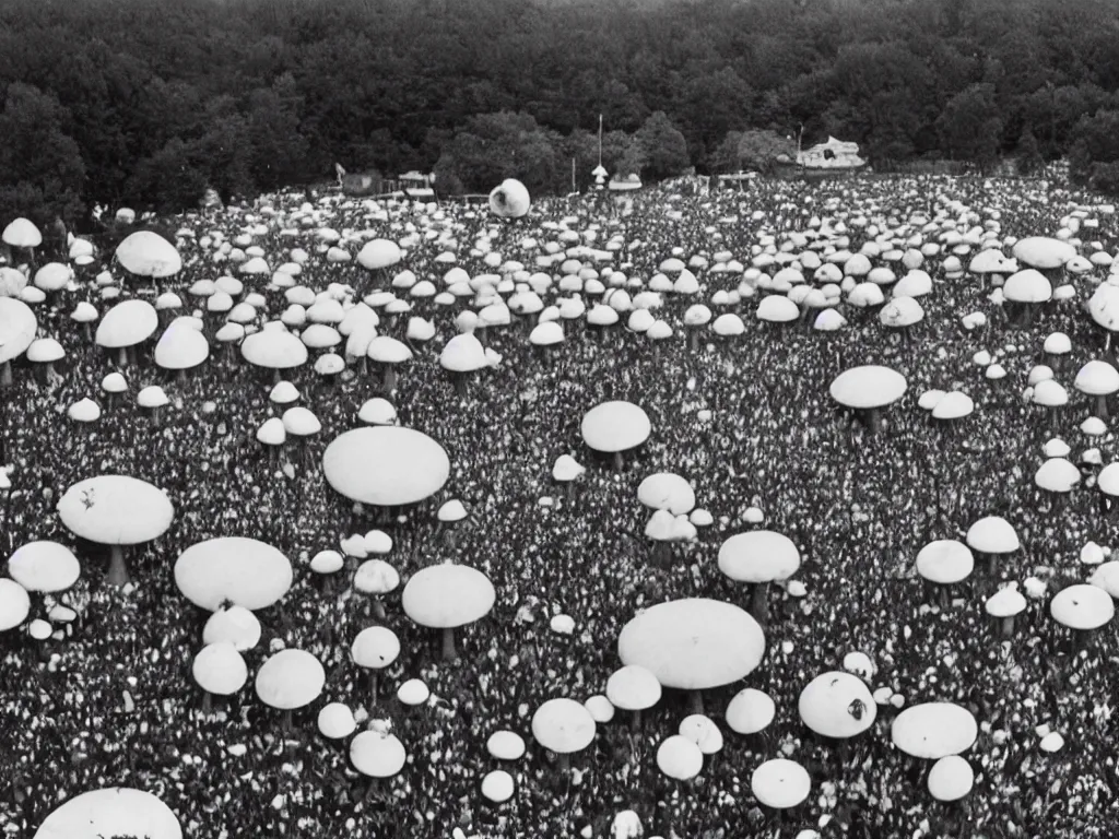Prompt: 70s photo of trippy hippy festival Woodstock stage with giant mushrooms