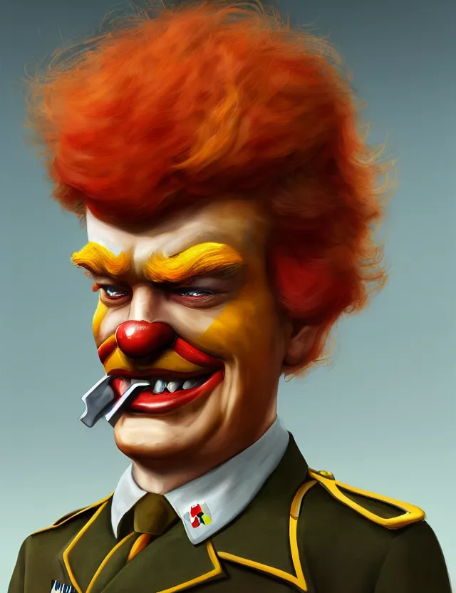 Image similar to a portrait of ronald mcdonald wearing a ww 2 german uniform, by moebius and tyler edlin and hr giger, trending on artstation, digital art, 4 k resolution, detailed, high quality, sharp focus, hq artwork, coherent, insane detail, concept art