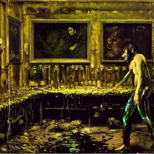 Image similar to realistic Courbet painting of a dark sci-fi laboratory at night, dark green ambient, zombiewalking dressed in rags made of guts and veins dripping golden shiny metalic fluid from ribcage to the floor. liquid shiny pool of gold on the floor.