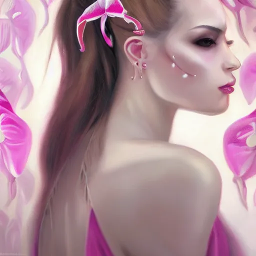 Image similar to a portrait of an intensely lit orchid mantis woman full of piercings, modeling, white and pink, oil painting, pale colors, high detail, 8 k, wide angle, trending on artstation,