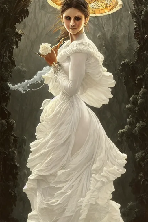 Prompt: Nina Dobrev dressed in a vaporous wrapped large victorian white roses cotton dress fashion, D&D, fantasy, intricate, elegant, highly detailed, digital painting, artstation, concept art, matte, sharp focus, illustration, art by Artgerm and Greg Rutkowski and Alphonse Mucha