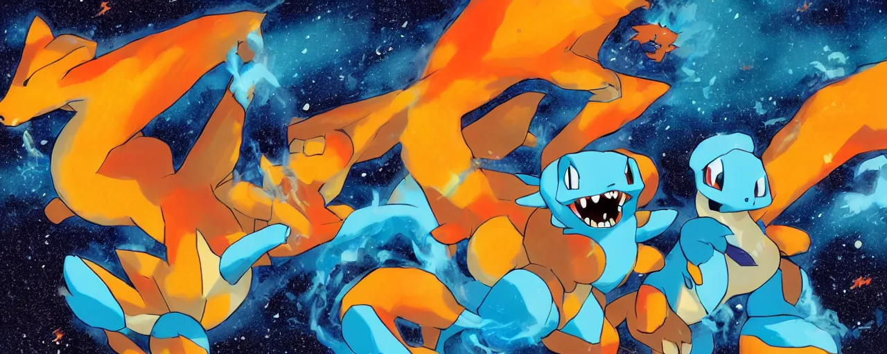 Prompt: charizard and squirtle, dramatic rear lighting, space, cosmos, planet earth, vibrant colors, atmosphere, spectacular details, dramatic lighting, epic composition, wide angle, low angle, close up, by miyazaki, nausicaa ghibli,