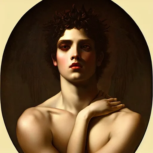Image similar to Portrait of the Young God Bacchus by Tom Bagshaw and Caravaggio