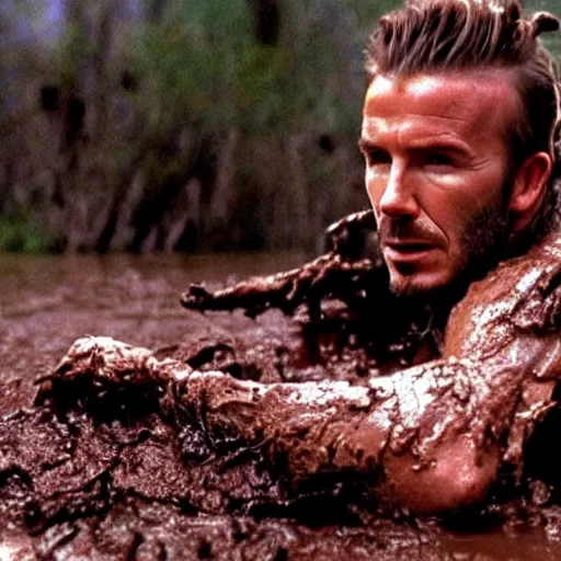 Prompt: cinematic still of david beckham wearing manchester united uniform, covered in mud and watching a predator in a swamp in 1 9 8 7 movie predator, hd, 4 k