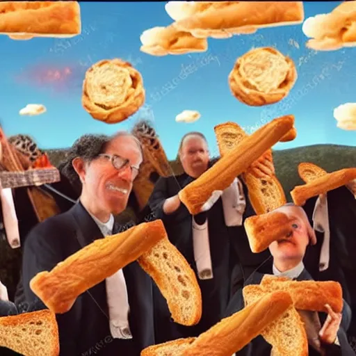 Prompt: An orchester playing in the sky with bread instead of musical instruments