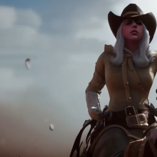 Image similar to Film still of Lady Gaga, from Red Dead Redemption 2 (2018 video game)