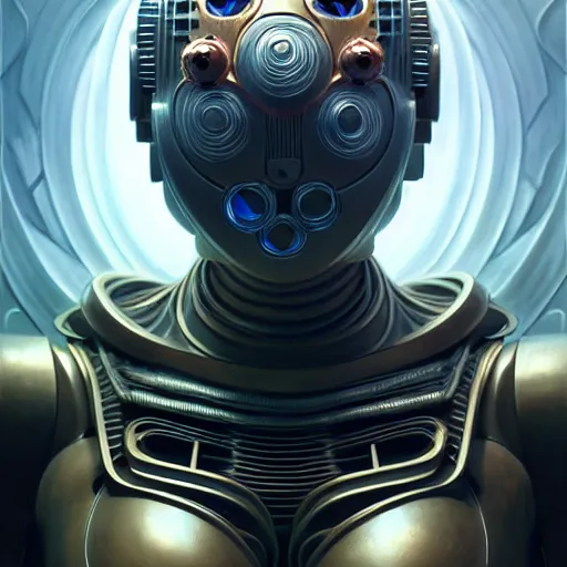 Image similar to low angle shot of a cyberpunk gazmask robot character, intricate, elegant, highly detailed, centered, digital painting, artstation, concept art, front shot, smooth, sharp focus, illustration, artgerm, Tomasz Alen Kopera, Peter Mohrbacher, donato giancola, Joseph Christian Leyendecker, WLOP, Boris Vallejo