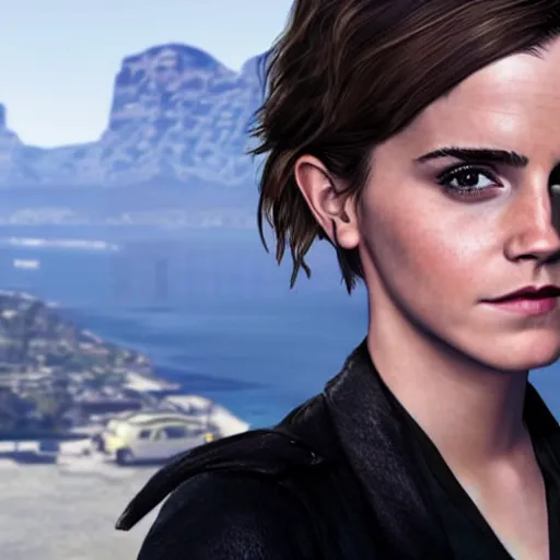 Image similar to emma watson on a gta 5 cover art