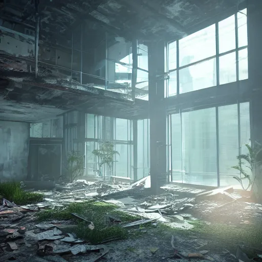 Image similar to interior of a building in an overgrown abandoned hong kong, light pouring through the windows, deserted and decaying concrete, unreal engine 5, raytracing, artstation, 8k