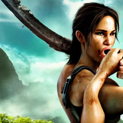 Prompt: Lara croft eating durian, cinematic, ads photo