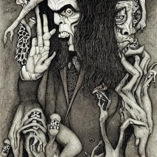 Prompt: Nick Cave in disguise as the devil, by Santiago Caruso, by M.C. Escher, by Kazimir Malevich, fairy-tale illustration style, very detailed, colorful, beautiful, eerie, surreal, psychedelic