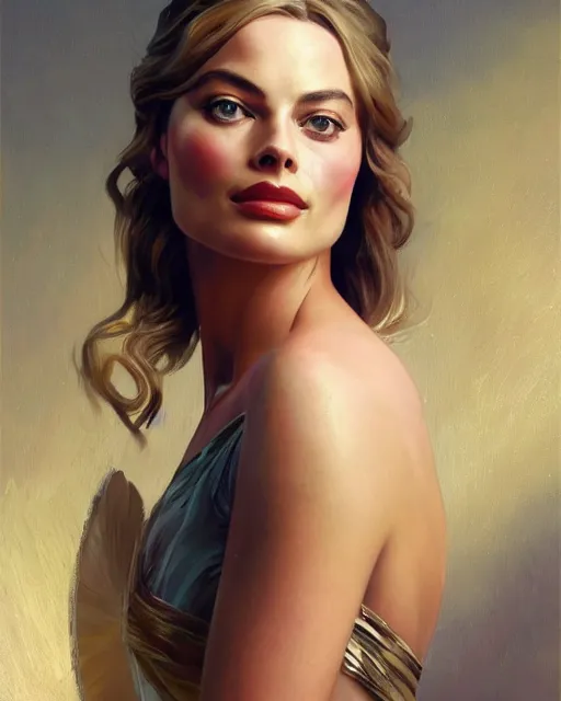 Image similar to Margot Robbie, oil on canvas, artstation, by J. C. Leyendecker and Edmund Blair Leighton and Charlie Bowater, octane